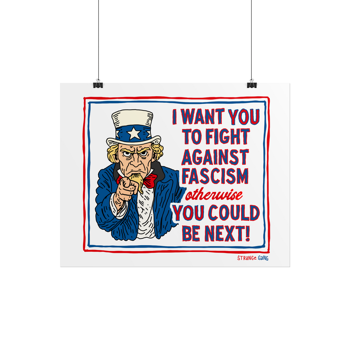 Anti-Fascist Uncle Sam Poster features a stern Uncle Sam pointing, urging action against fascism with bold red and blue text.