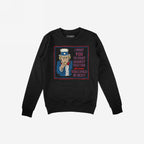 Black crewneck sweatshirt featuring the Anti Fascist Uncle Sam Shirt design, with Uncle Sam pointing and a bold message urging action against fascism. Brand name visible inside the collar.