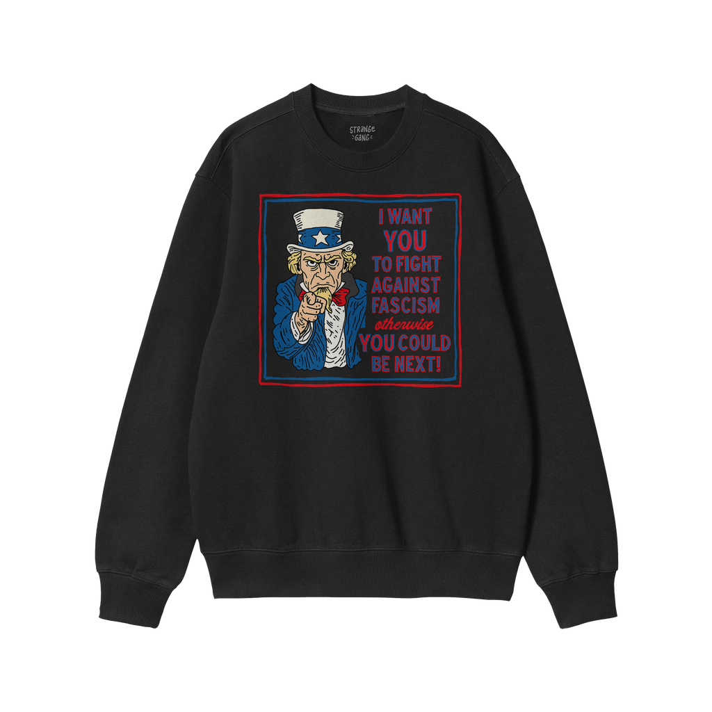 Black crewneck sweatshirt featuring the Anti Fascist Uncle Sam Shirt design, with Uncle Sam pointing and a bold message urgin