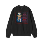 Black crewneck sweatshirt featuring the Anti Fascist Uncle Sam Shirt design, with Uncle Sam pointing and a bold message urgin