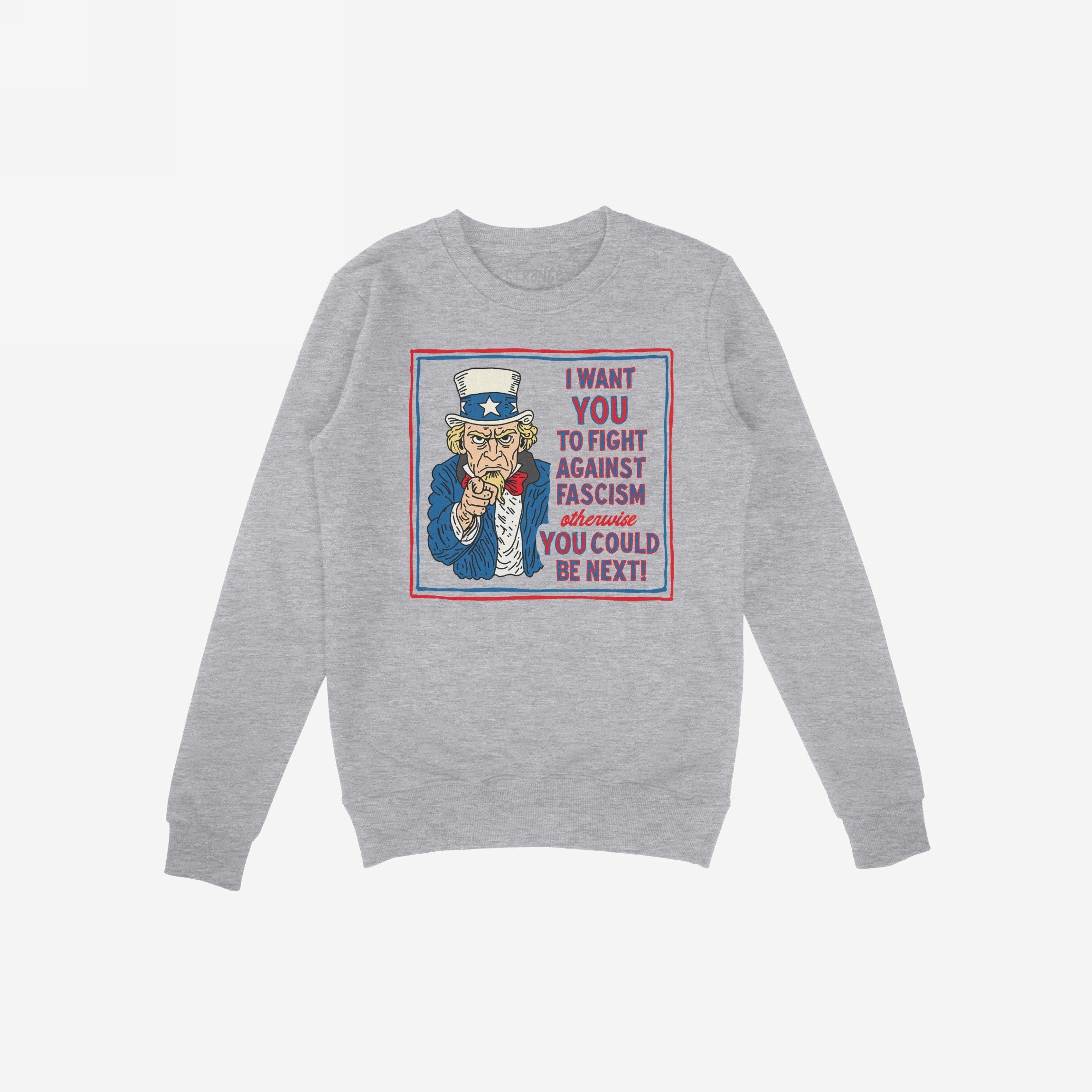 Anti Fascist Uncle Sam Shirt featuring a stylized Uncle Sam graphic with a bold message urging activism against fascism, ideal for rebels and activists. Proceeds support the ACLU.