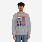 Young man models the Anti Fascist Uncle Sam Shirt, featuring Uncle Sam with a bold message against fascism. Available in various styles, supporting activism, with proceeds benefiting the ACLU.