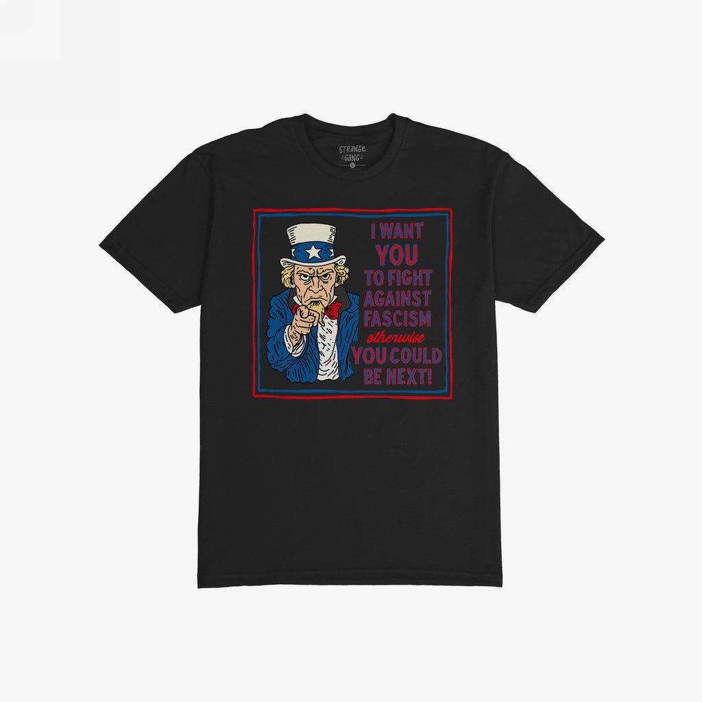 Anti Fascist Uncle Sam Shirt depicting a stylized Uncle Sam urging action against fascism with bold text. Ideal for activists, it supports the ACLU and embodies a strong anti-fascist message.