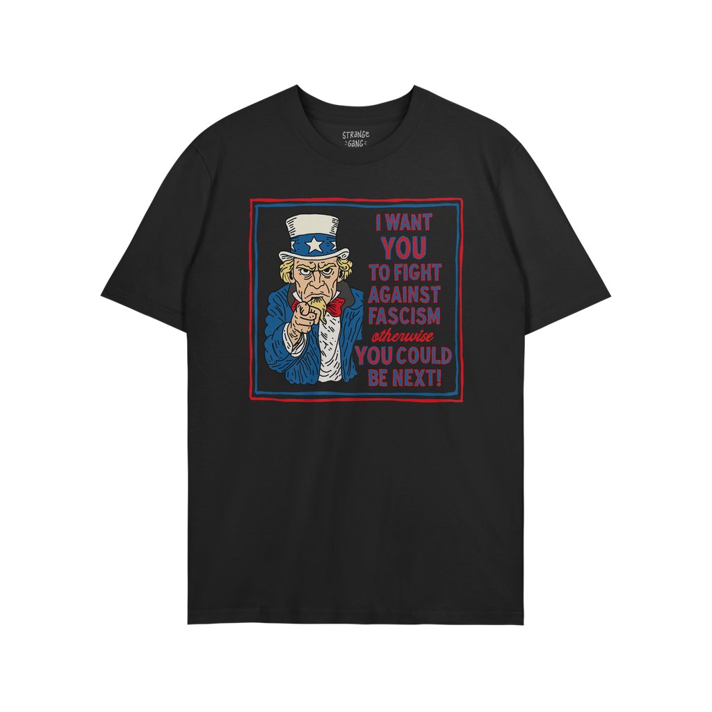 Anti Fascist Uncle Sam Shirt depicting a stylized Uncle Sam urging action against fascism with bold text. Ideal for activists