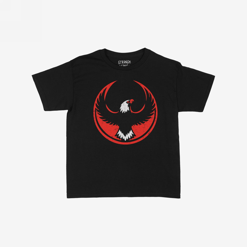 USA Rebel Alliance Women's Baby Tee features a black, short-sleeve design with a red circle and stylized eagle graphic, embodying a bold statement for equality and community defense.