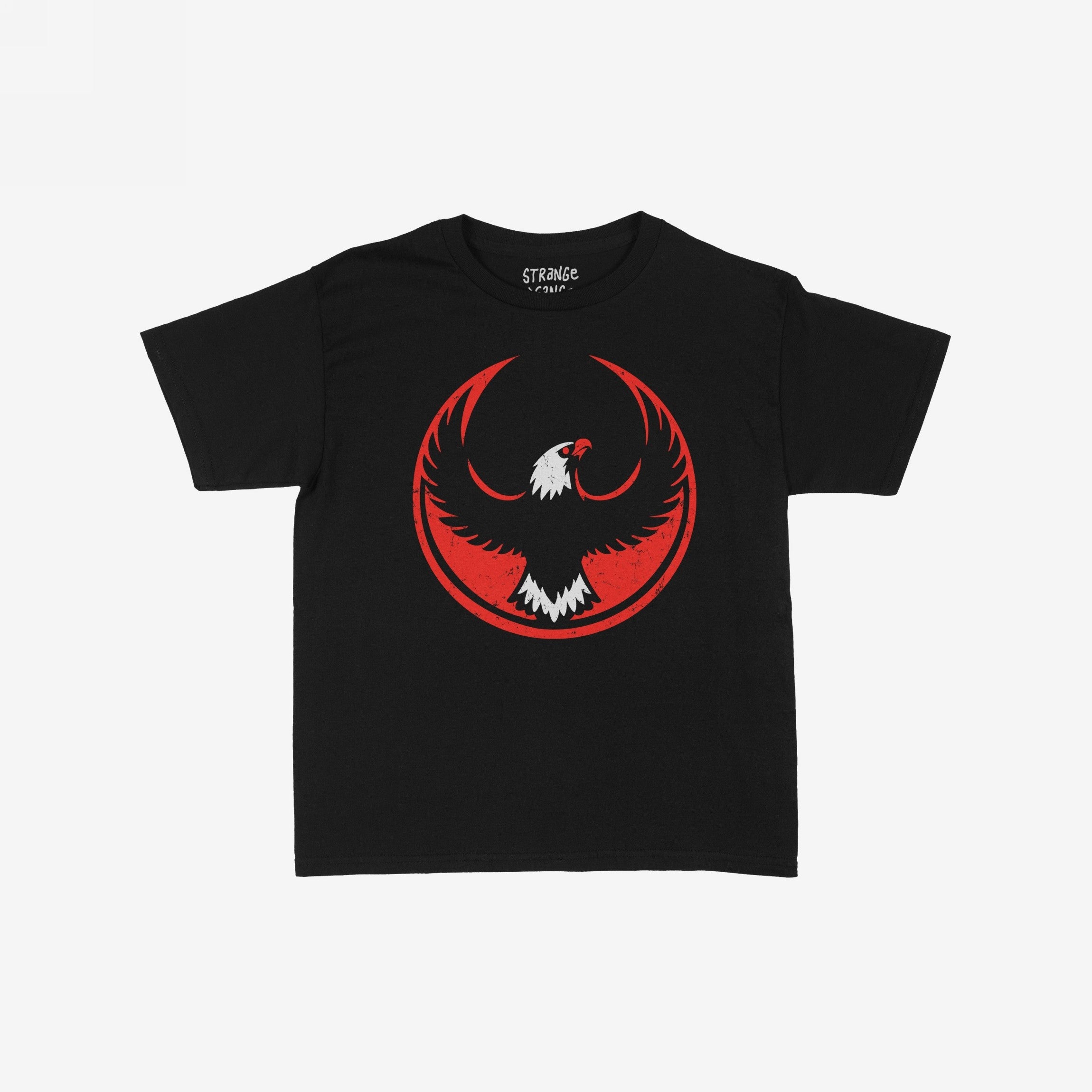 USA Rebel Alliance Women's Baby Tee features a black, short-sleeve design with a red circle and stylized eagle graphic, embodying a bold statement for equality and community defense.