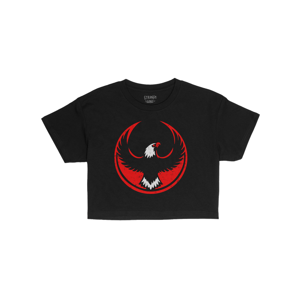 USA Rebel Alliance Women's Baby Tee features a black, short-sleeve design with a red circle and stylized eagle graphic, embod