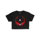 USA Rebel Alliance Women's Baby Tee features a black, short-sleeve design with a red circle and stylized eagle graphic, embod