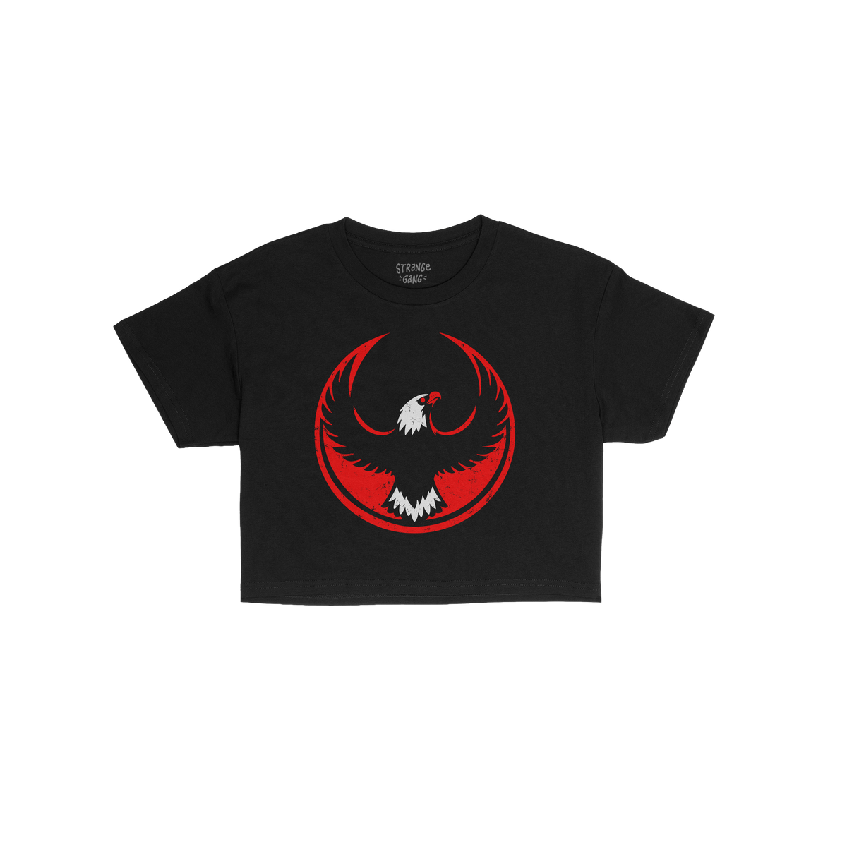 USA Rebel Alliance Women's Baby Tee features a black, short-sleeve design with a red circle and stylized eagle graphic, embod