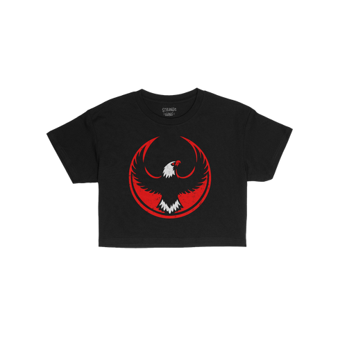 USA Rebel Alliance Women's Baby Tee features a black, short-sleeve design with a red circle and stylized eagle graphic, embod