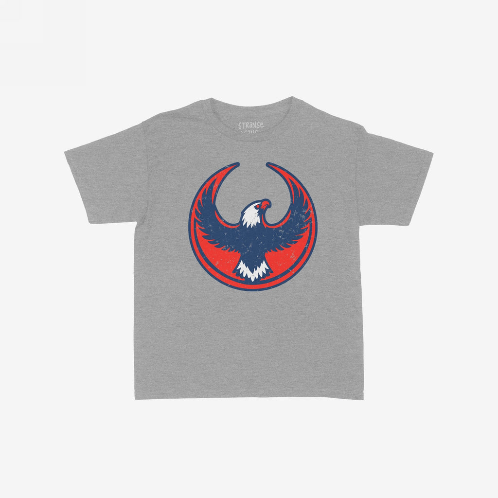 USA Rebel Alliance Women's Baby Tee in heather-gray, featuring a bold red and dark-blue eagle graphic with outstretched wings, symbolizing immigrant rights and equality, with a lightly distressed finish.