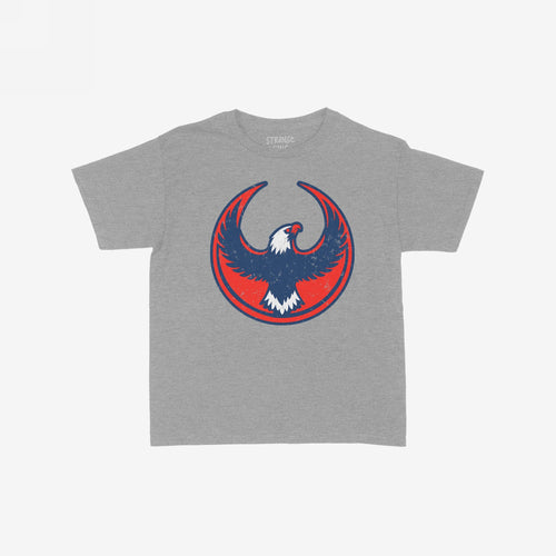 USA Rebel Alliance Women's Baby Tee in heather-gray, featuring a bold red and dark-blue eagle graphic with outstretched wings, symbolizing immigrant rights and equality, with a lightly distressed finish.