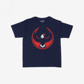 Navy-blue USA Rebel Alliance Women's Baby Tee featuring a red emblem with a stylized eagle, representing immigrant rights and equality. Ideal for anti-fascists and community defenders.
