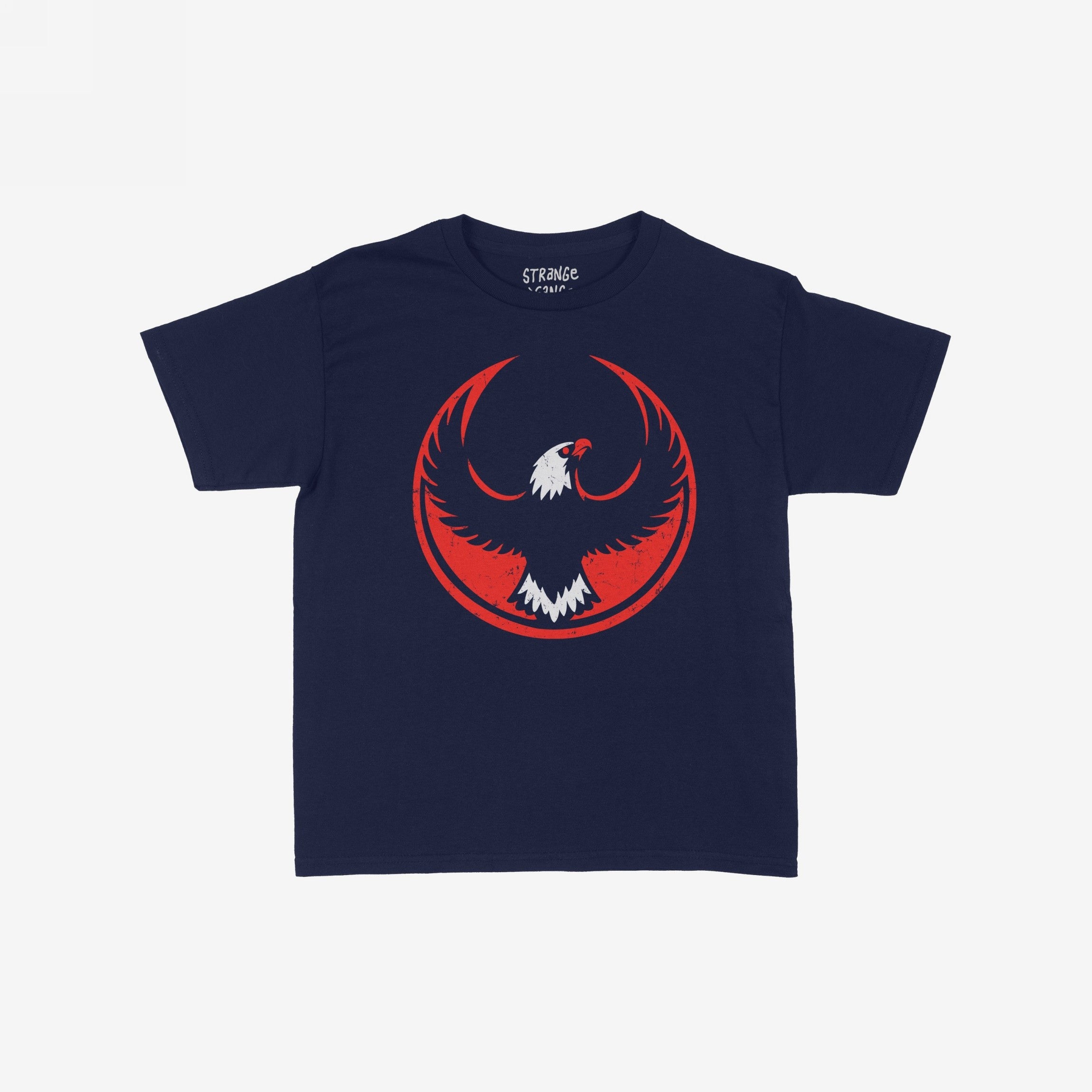 Navy-blue USA Rebel Alliance Women's Baby Tee featuring a red emblem with a stylized eagle, representing immigrant rights and equality. Ideal for anti-fascists and community defenders.