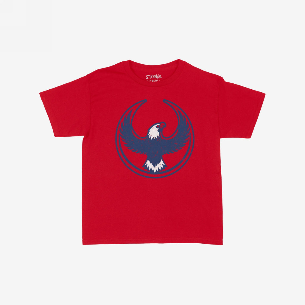 USA Rebel Alliance Women's Baby Tee features a bold eagle graphic on a red, short-sleeve crewneck, embodying a statement of resistance and equality with its vibrant, retro-inspired design.