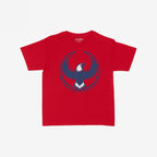 USA Rebel Alliance Women's Baby Tee features a bold eagle graphic on a red, short-sleeve crewneck, embodying a statement of resistance and equality with its vibrant, retro-inspired design.