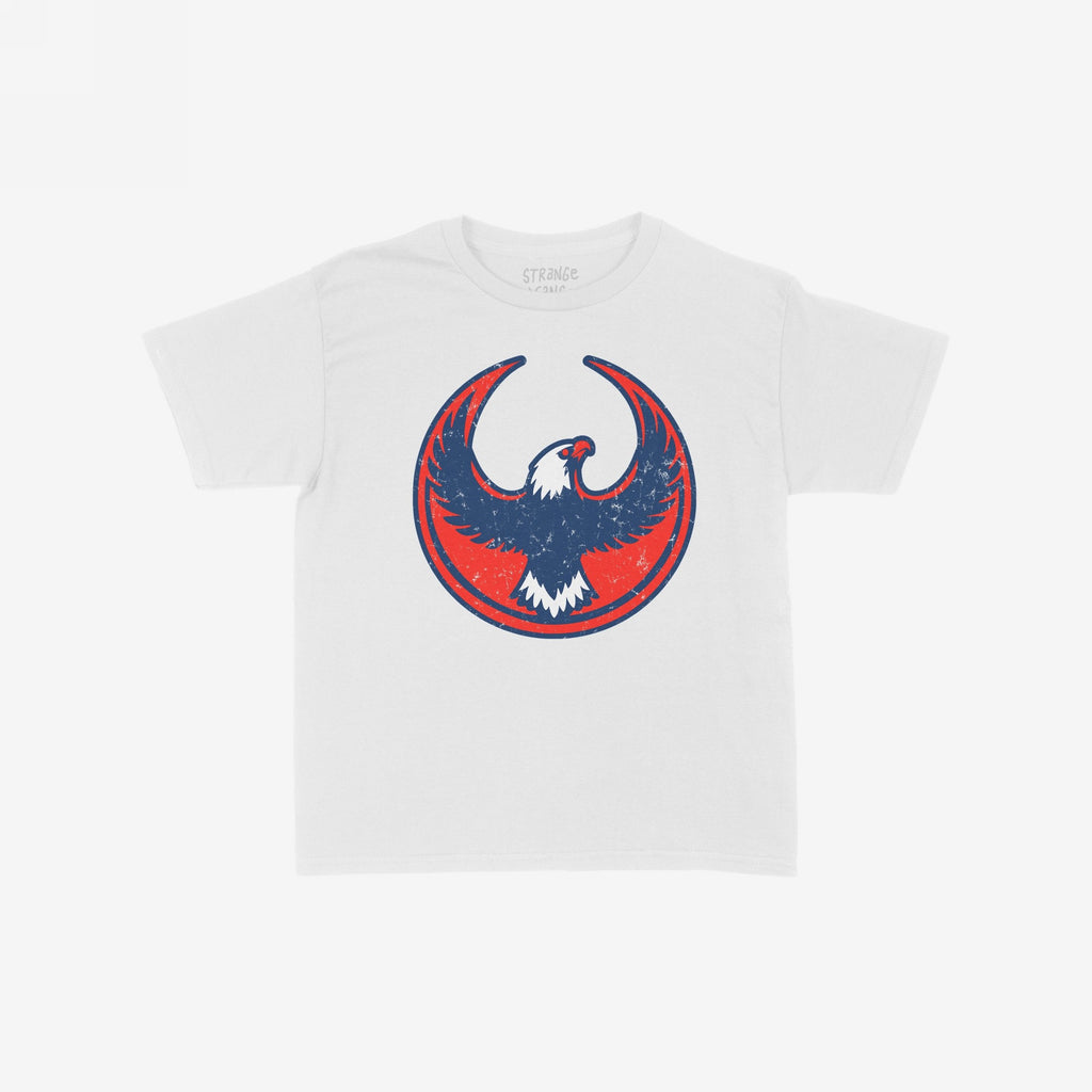 USA Rebel Alliance Women's Baby Tee featuring a bold eagle graphic in a red and blue emblem, offering a vintage look. Ideal for advocates of immigrant rights and equality.