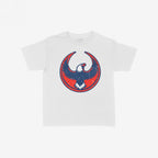 USA Rebel Alliance Women's Baby Tee featuring a bold eagle graphic in a red and blue emblem, offering a vintage look. Ideal for advocates of immigrant rights and equality.