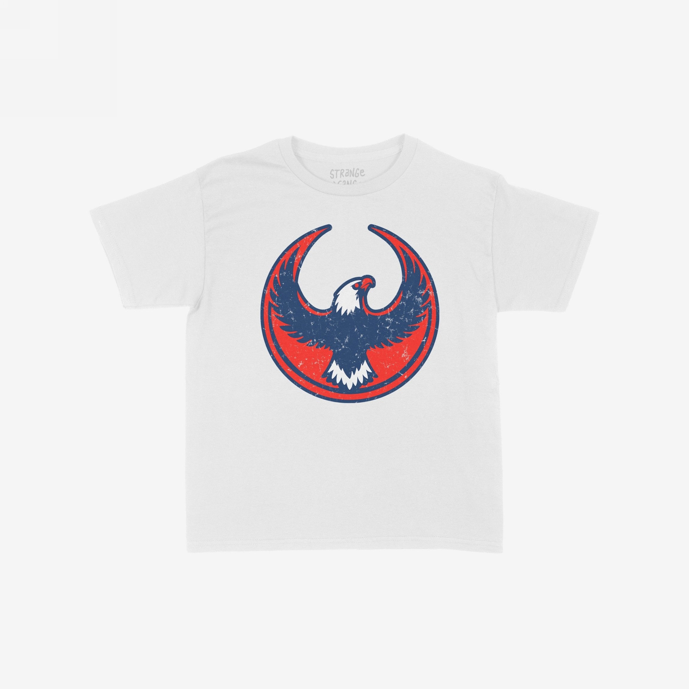 USA Rebel Alliance Women's Baby Tee featuring a bold eagle graphic in a red and blue emblem, offering a vintage look. Ideal for advocates of immigrant rights and equality.