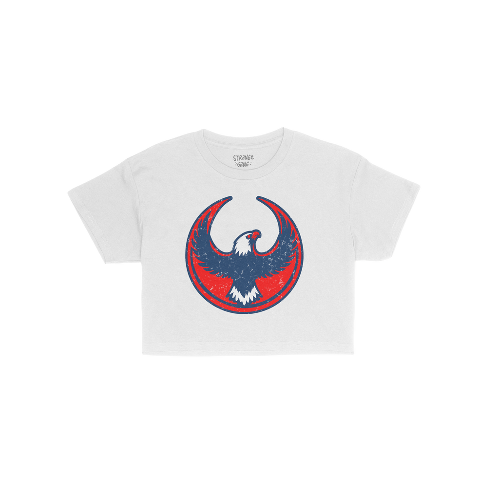USA Rebel Alliance Women's Baby Tee featuring a bold eagle graphic in a red and blue emblem, offering a vintage look. Ideal f