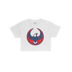 USA Rebel Alliance Women's Baby Tee featuring a bold eagle graphic in a red and blue emblem, offering a vintage look. Ideal f