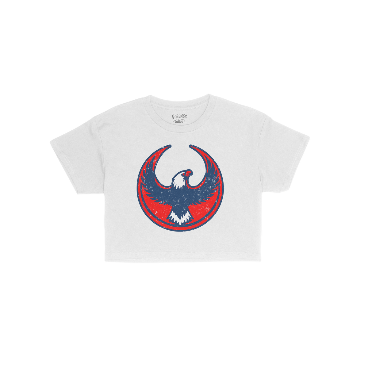 USA Rebel Alliance Women's Baby Tee featuring a bold eagle graphic in a red and blue emblem, offering a vintage look. Ideal f