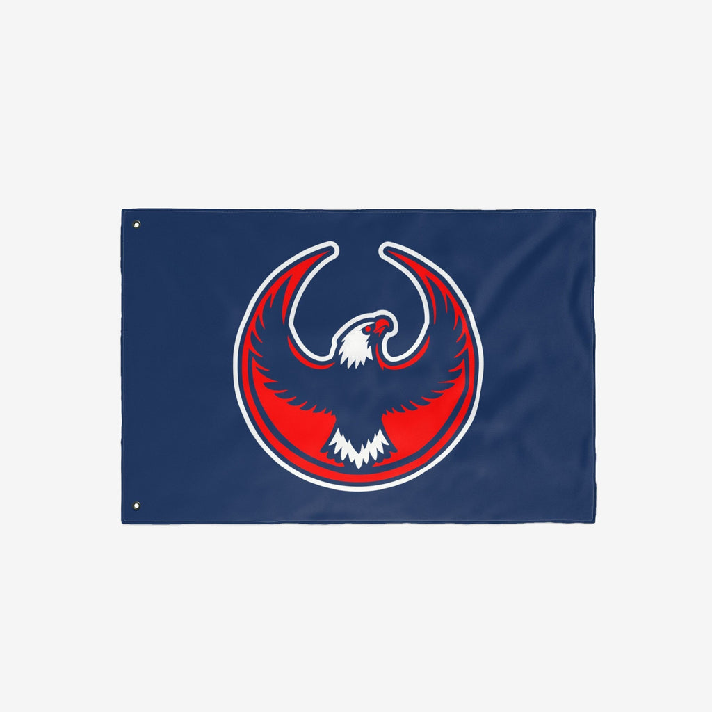 USA Rebel Alliance Flag features a stylized eagle emblem in red, white, and dark blue on a navy field, symbolizing solidarity and resistance. Two grommets facilitate hanging or flying.