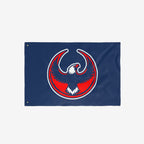 USA Rebel Alliance Flag features a stylized eagle emblem in red, white, and dark blue on a navy field, symbolizing solidarity and resistance. Two grommets facilitate hanging or flying.