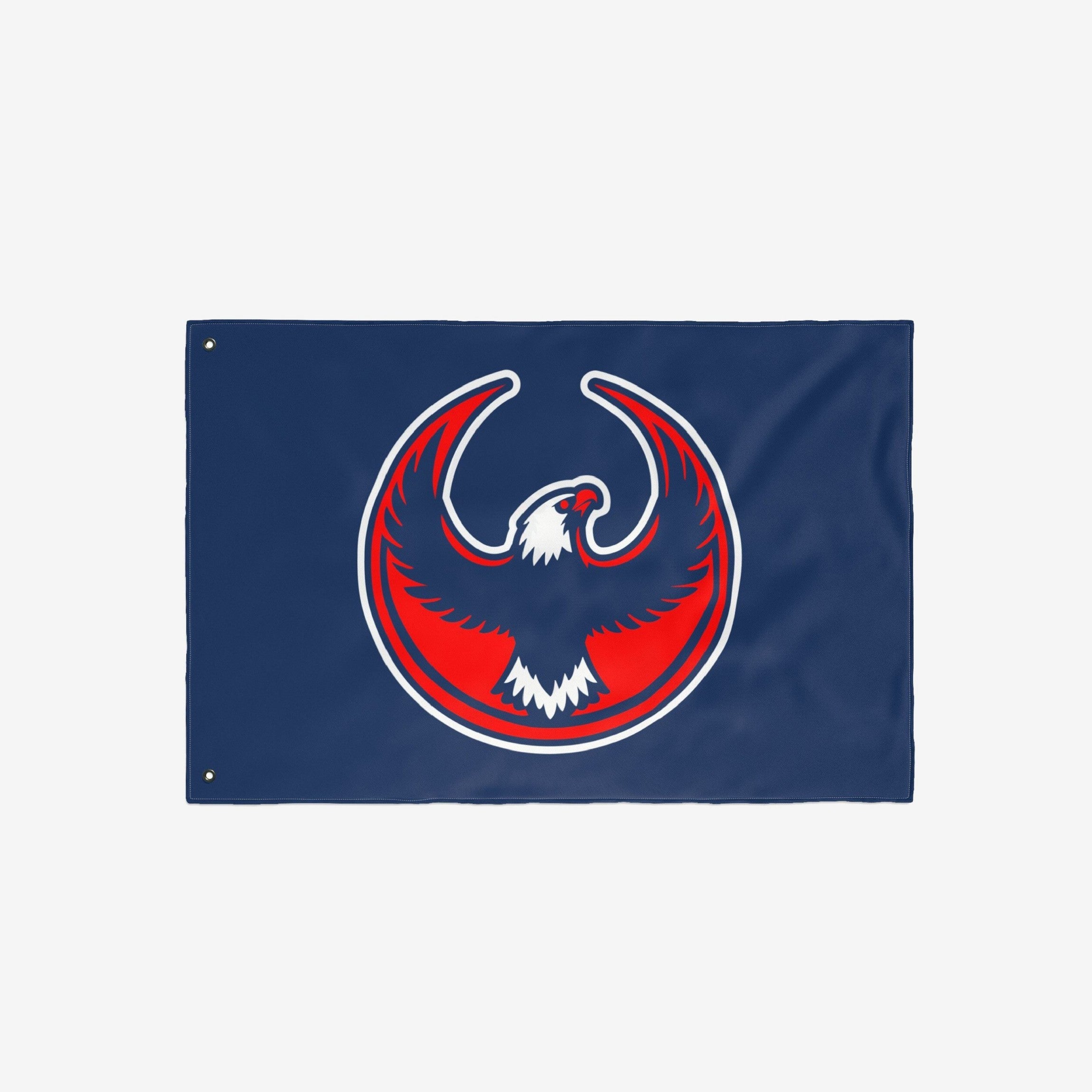 USA Rebel Alliance Flag features a stylized eagle emblem in red, white, and dark blue on a navy field, symbolizing solidarity and resistance. Two grommets facilitate hanging or flying.
