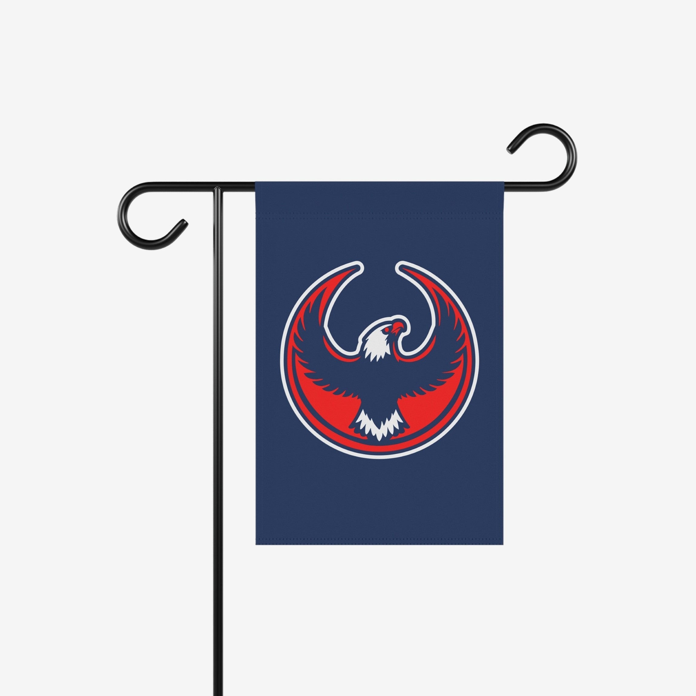 USA Rebel Alliance Garden Flag featuring a stylized red, white, and blue eagle emblem on a navy background, symbolizing anti-fascist and immigrant rights support. Displayed on a black metal stand.
