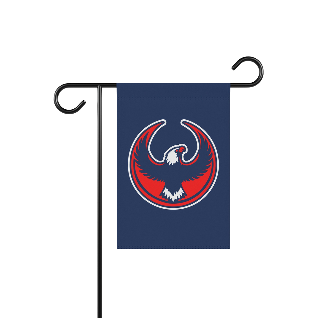 USA Rebel Alliance Garden Flag featuring a stylized red, white, and blue eagle emblem on a navy background, symbolizing anti-