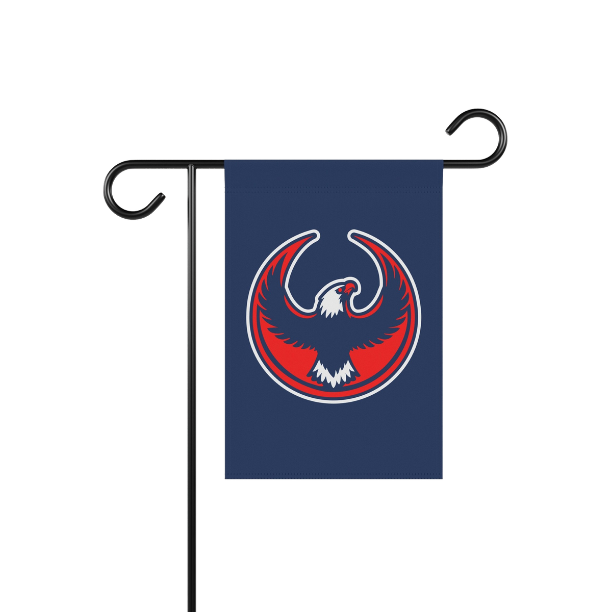 USA Rebel Alliance Garden Flag featuring a stylized red, white, and blue eagle emblem on a navy background, symbolizing anti-