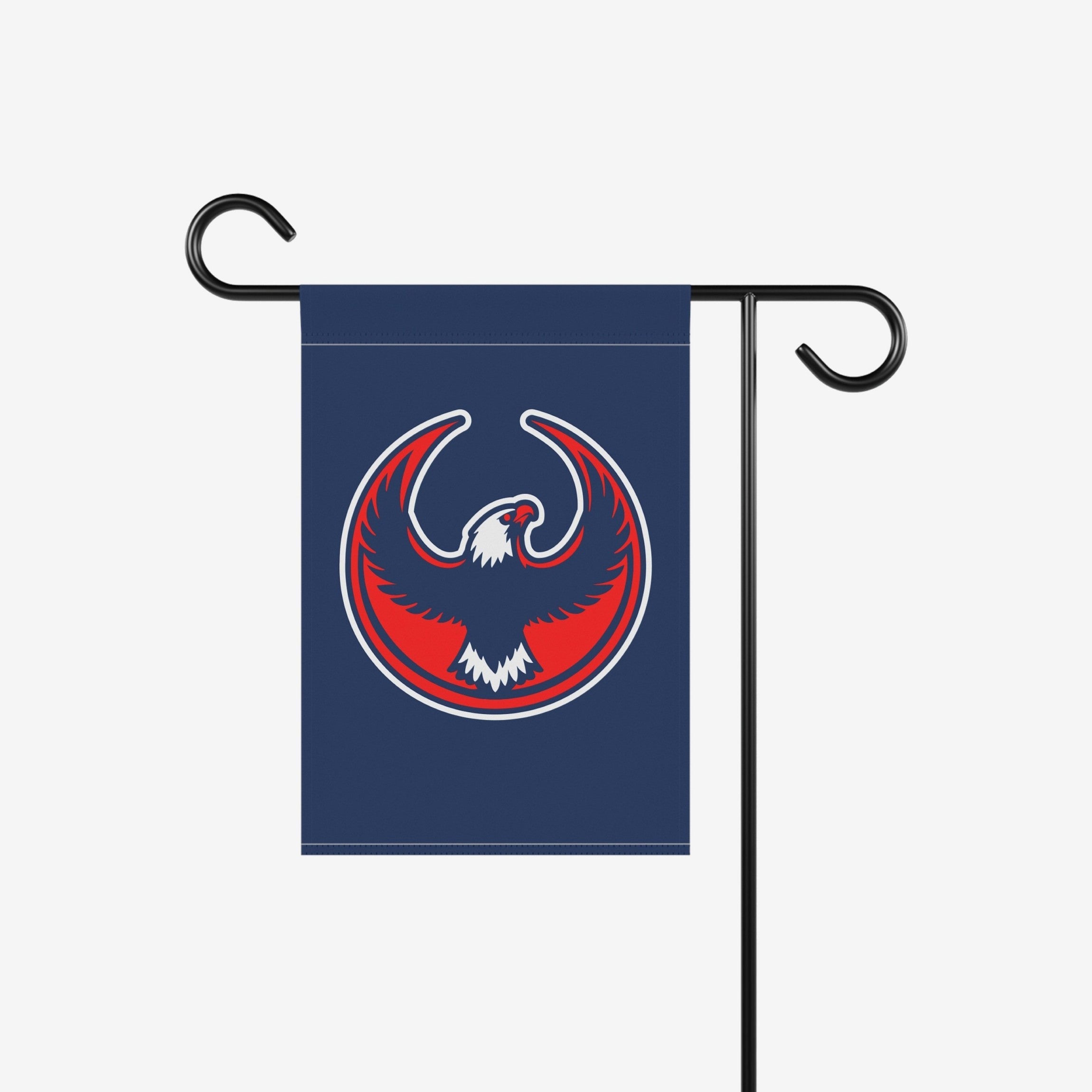 USA Rebel Alliance Garden Flag features a navy blue backdrop with a bold circular eagle emblem in red, white, and blue, symbolizing anti-fascism. Perfect for gardens and porches.