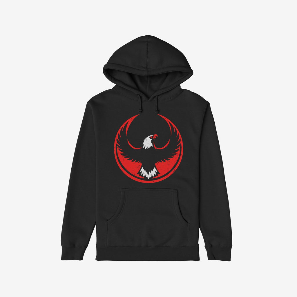 USA Rebel Alliance Hoodie features a black pullover design with a kangaroo pocket, drawstring hood, and a red-black circular emblem of a white-headed eagle, symbolizing defiant patriotism.
