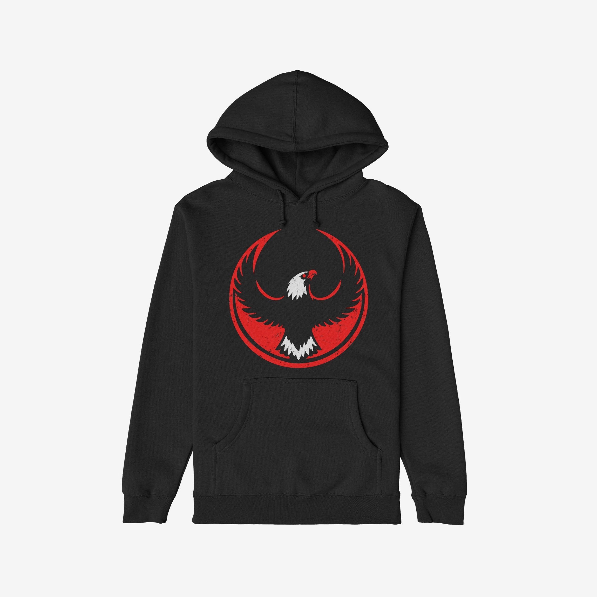 USA Rebel Alliance Hoodie features a black pullover design with a kangaroo pocket, drawstring hood, and a red-black circular emblem of a white-headed eagle, symbolizing defiant patriotism.