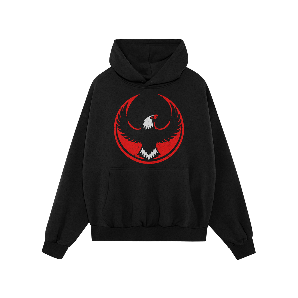 USA Rebel Alliance Hoodie features a black pullover design with a kangaroo pocket, drawstring hood, and a red-black circular 