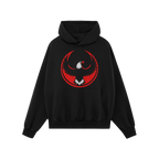 USA Rebel Alliance Hoodie features a black pullover design with a kangaroo pocket, drawstring hood, and a red-black circular 