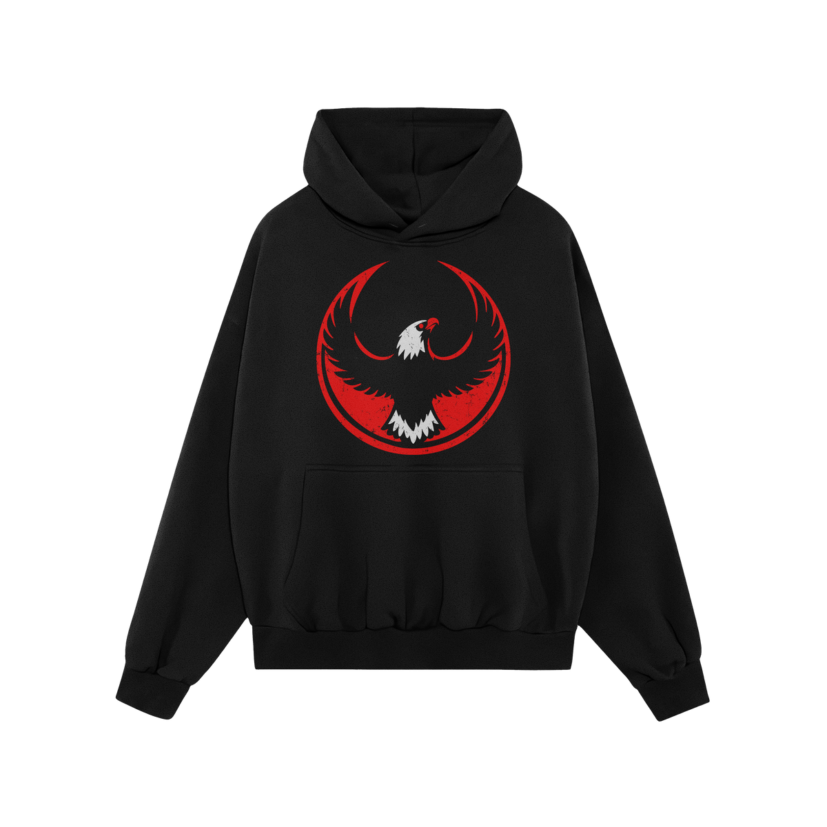 USA Rebel Alliance Hoodie features a black pullover design with a kangaroo pocket, drawstring hood, and a red-black circular 