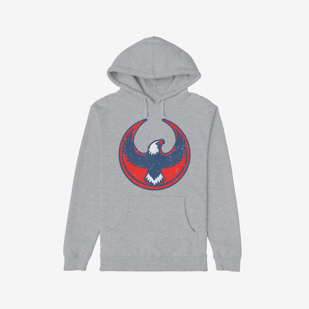 USA Rebel Alliance Hoodie features a stylized eagle emblem on a light-gray hoodie, symbolizing defiance and patriotism. Includes kangaroo pocket, drawstrings, and ribbed cuffs, perfect for protest and everyday wear.