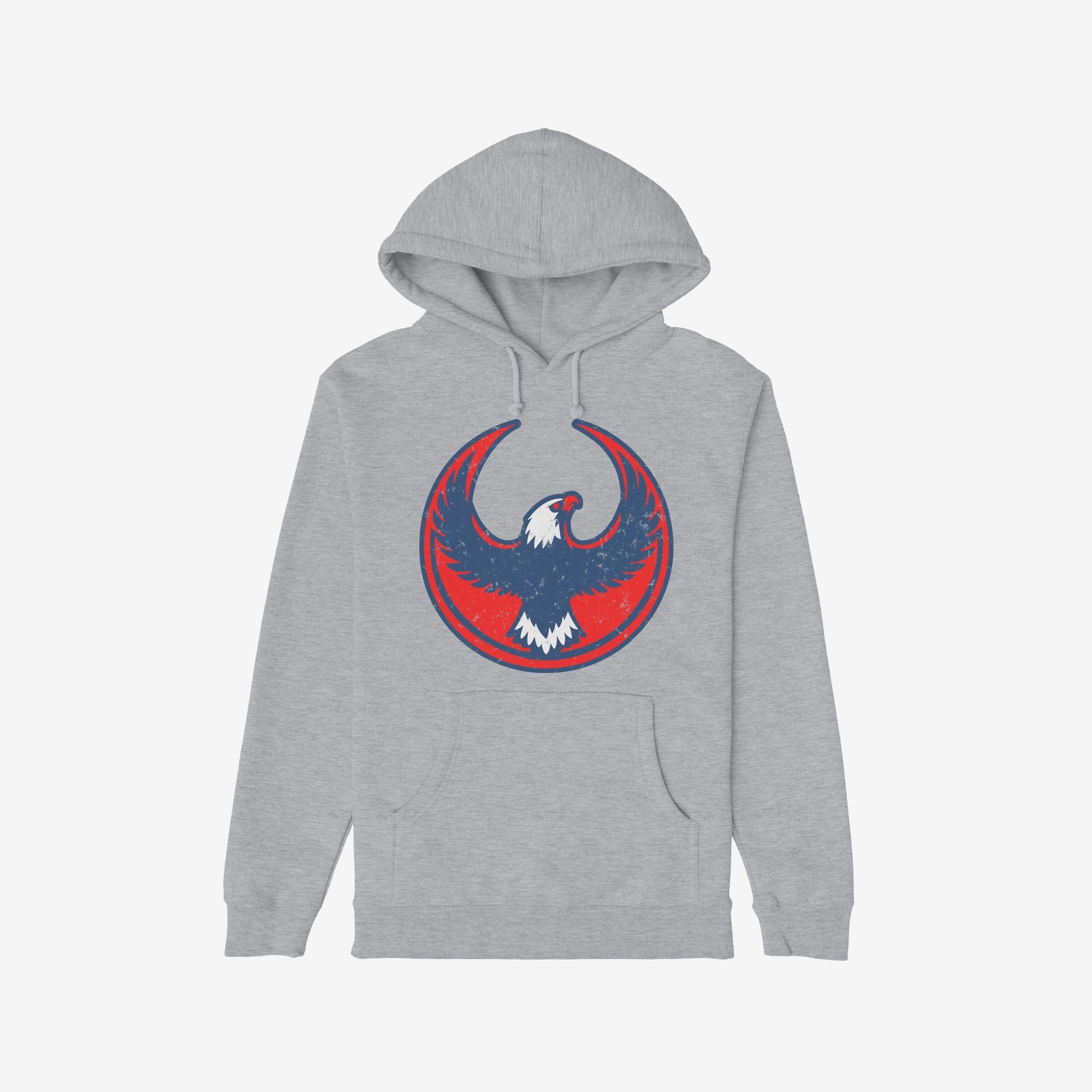 USA Rebel Alliance Hoodie features a stylized eagle emblem on a light-gray hoodie, symbolizing defiance and patriotism. Includes kangaroo pocket, drawstrings, and ribbed cuffs, perfect for protest and everyday wear.