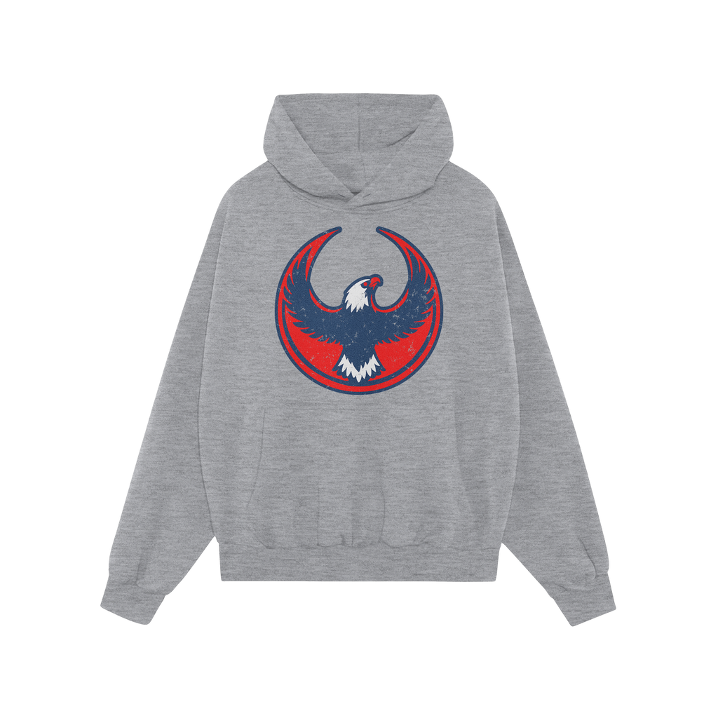 USA Rebel Alliance Hoodie features a stylized eagle emblem on a light-gray hoodie, symbolizing defiance and patriotism. Inclu