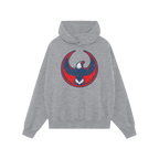 USA Rebel Alliance Hoodie features a stylized eagle emblem on a light-gray hoodie, symbolizing defiance and patriotism. Inclu