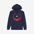 Dark navy USA Rebel Alliance Hoodie showcasing a distressed red and white bird emblem, evoking defiance and patriotism. Features a kangaroo pocket, ideal for those who champion equality and question authority.