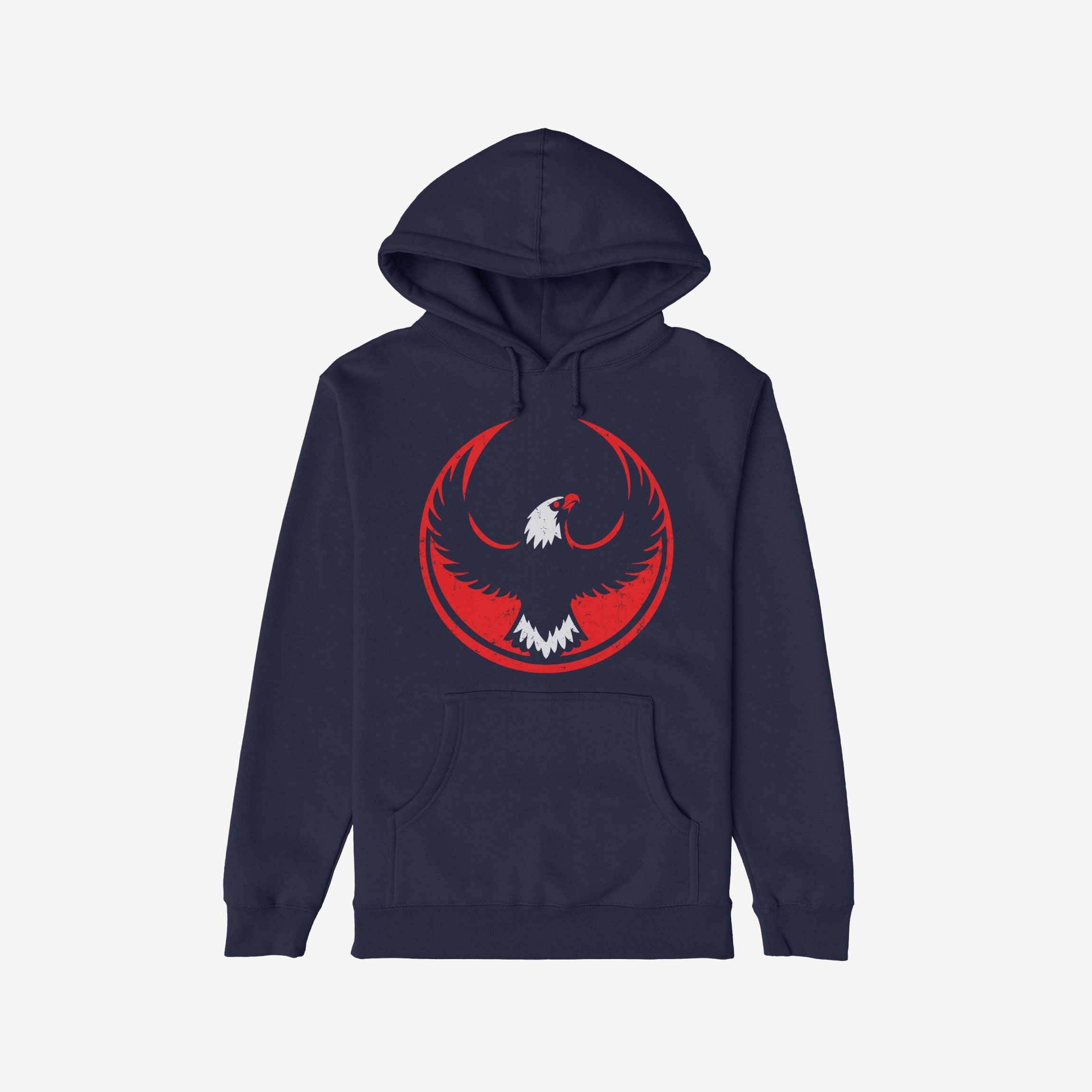Dark navy USA Rebel Alliance Hoodie showcasing a distressed red and white bird emblem, evoking defiance and patriotism. Features a kangaroo pocket, ideal for those who champion equality and question authority.