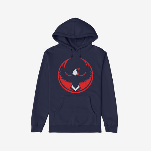 Dark navy USA Rebel Alliance Hoodie showcasing a distressed red and white bird emblem, evoking defiance and patriotism. Features a kangaroo pocket, ideal for those who champion equality and question authority.