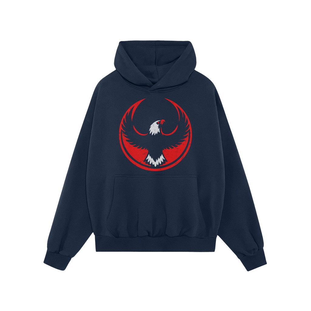 Dark navy USA Rebel Alliance Hoodie showcasing a distressed red and white bird emblem, evoking defiance and patriotism. Featu