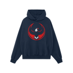 Dark navy USA Rebel Alliance Hoodie showcasing a distressed red and white bird emblem, evoking defiance and patriotism. Featu