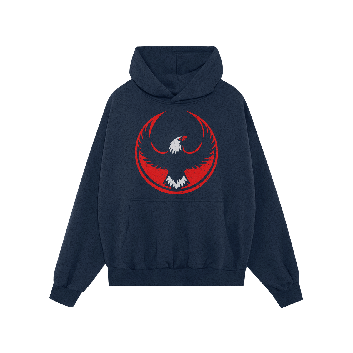 Dark navy USA Rebel Alliance Hoodie showcasing a distressed red and white bird emblem, evoking defiance and patriotism. Featu