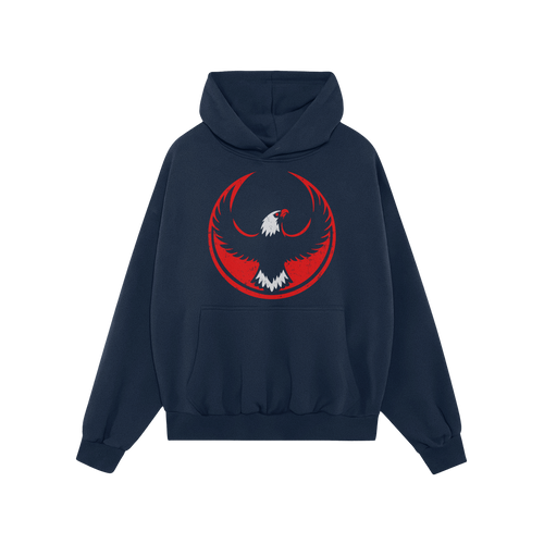 Dark navy USA Rebel Alliance Hoodie showcasing a distressed red and white bird emblem, evoking defiance and patriotism. Featu