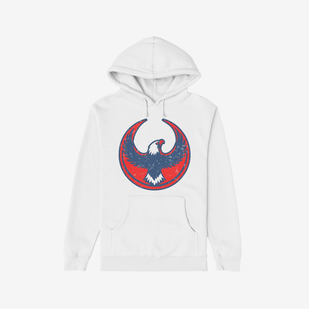 USA Rebel Alliance Hoodie featuring a stylized eagle graphic with distressed red and navy colors, symbolizing defiance. Perfect for advocates of equality and resistance against fascism and racism.